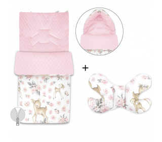 Zestaw do wózka dziecięcego Velvet Miminu Słodka sarenka różowy: śpiwór + poduszka motylek
