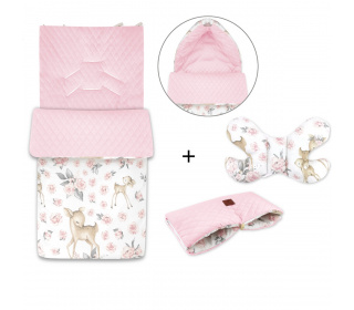 Zestaw do wózka dziecięcego Velvet Miminu Słodka sarenka różowy: śpiwór + poduszka motylek + mufka